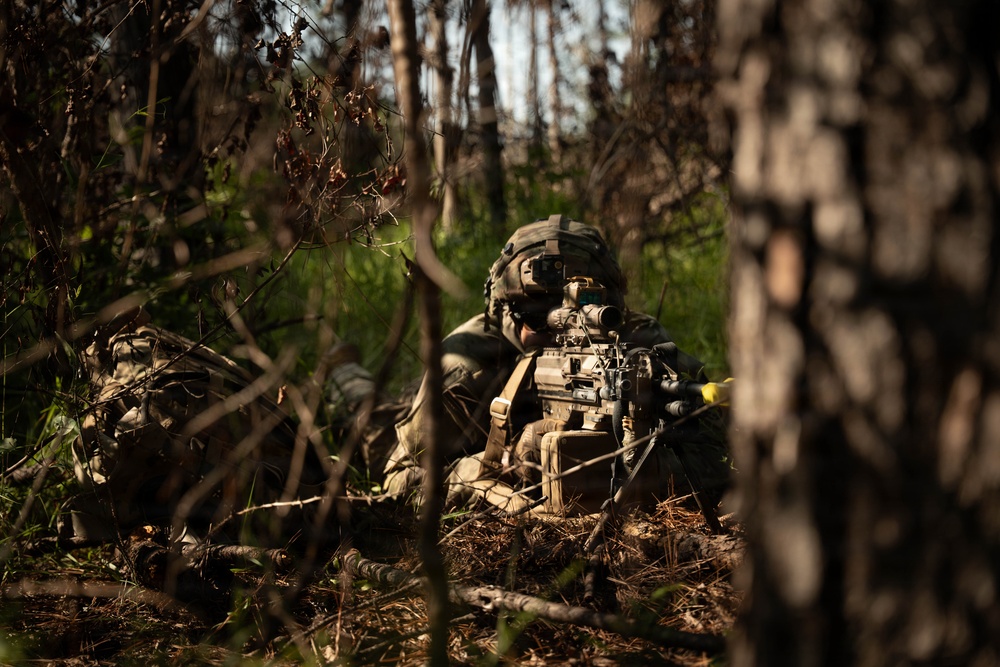 A soldier in full combat gear is positioned in a prone or low-crouching stance within a wooded forest environment, aiming a rifle equipped with an optical scope. A second soldier is partially visible in the background to the left. The image appears to depict a military field exercise or tactical operation in a forested setting.