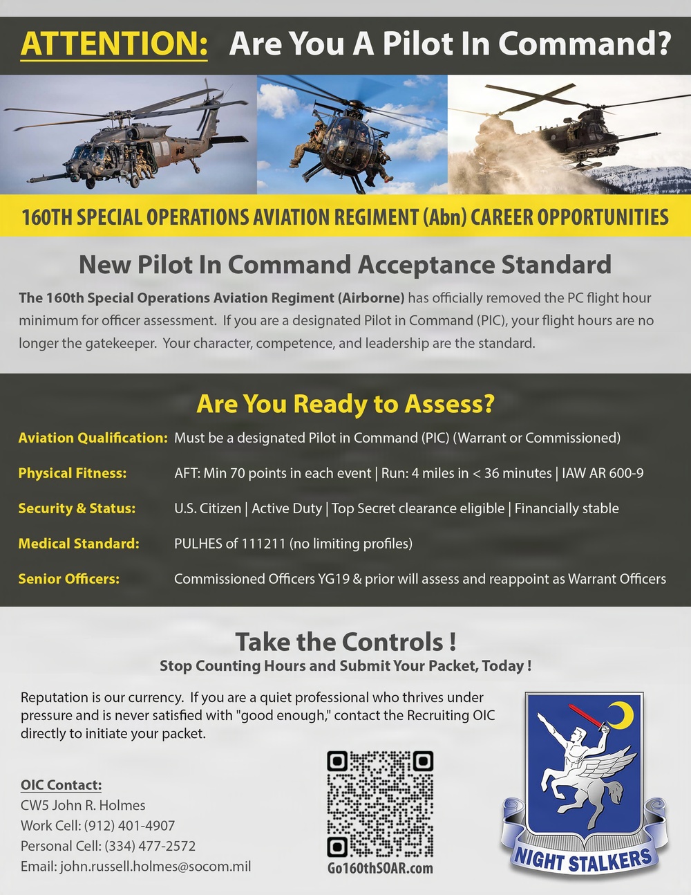 This is a military recruitment flyer for the 160th Special Operations Aviation Regiment (Airborne), known as the 'Night Stalkers.' It announces a new Pilot in Command Acceptance Standard that removes the minimum flight hour requirement for officer assessment. The flyer outlines qualification criteria and provides contact information for interested candidates.