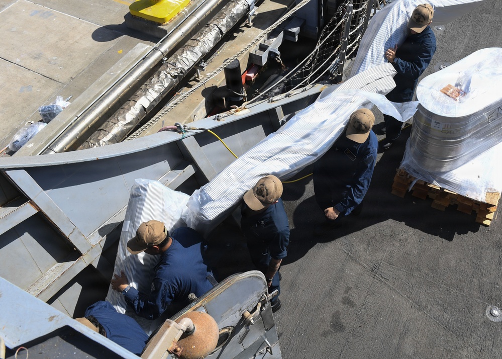 An aerial/overhead view of several personnel in dark blue uniforms and tan/khaki caps working on what appears to be a naval vessel deck. They are handling large wrapped or covered items, possibly equipment or parts being loaded or unloaded. A pallet with stacked materials is visible to the right side of the image.
