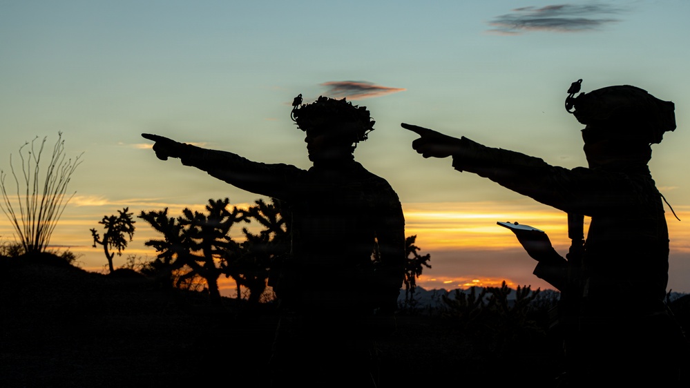 Two military personnel are silhouetted against a desert sunset sky, both pointing in the same direction while one holds what appears to be a map or document. The scene is set in an arid desert environment with Joshua trees and sparse vegetation visible in the background. The dramatic backlighting creates a high-contrast silhouette composition with warm orange and cool blue tones in the sky.