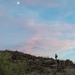 A lone figure stands atop a rocky desert hill at dusk or dawn, silhouetted against a pastel sky with pink-tinged clouds and a visible crescent moon. The landscape is characteristic of a Sonoran or Chihuahuan desert environment, featuring sparse desert vegetation including ocotillo, palo verde, and scrub brush. The wide-angle composition emphasizes the vastness of the sky relative to the small human presence on the terrain.