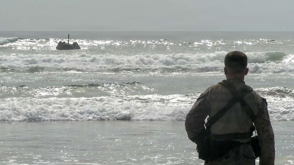 A military personnel in camouflage uniform stands on a beach shoreline observing what appears to be an amphibious assault vehicle (AAV) navigating through surf and waves in the ocean. The scene suggests a military amphibious training exercise or operation. The soldier is viewed from behind, facing the water where the vehicle is partially visible amid breaking waves.