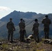 Four military personnel in camouflage uniforms stand on an elevated ridge overlooking a dramatic mountain range, likely during a training exercise. They appear to be conducting observation or reconnaissance activities, with one individual crouched near equipment on the ground. The setting suggests a mountainous region, possibly Alaska or a similar high-altitude terrain.