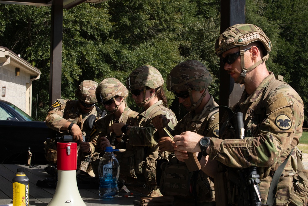 A group of five military personnel in MultiCam/OCP camouflage uniforms and tactical helmets are gathered around a table, appearing to review documents or conduct a briefing. The soldiers are equipped with tactical gear, body armor, and communications equipment. The setting appears to be an outdoor covered area near a building, likely during a training exercise or operational planning session.
