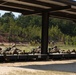 Military personnel are conducting a rifle qualification or marksmanship training exercise at an outdoor shooting range. Multiple soldiers are in the prone position on numbered firing platforms (lanes 1-6) aiming downrange at target silhouettes. A standing individual, likely a range safety officer or instructor, observes from the right side of the range.
