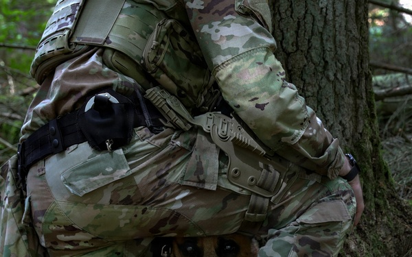 A military or law enforcement handler in full multicam/OCP camouflage gear is crouching beside a military working dog (appears to be a German Shepherd) in a wooded forest environment. The handler is equipped with tactical gear including a plate carrier, holstered sidearm, and utility belt. The dog is positioned low to the ground between the handler's legs, tongue out, appearing alert.