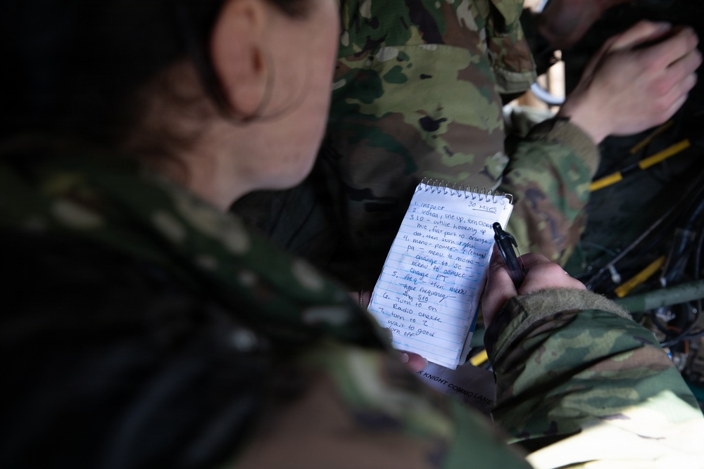 A person in military camouflage uniform is holding a small spiral-bound notepad containing a handwritten numbered list, likely operational or procedural notes. A second person in camouflage is visible in the background. The image appears to be taken in a field or tactical environment.
