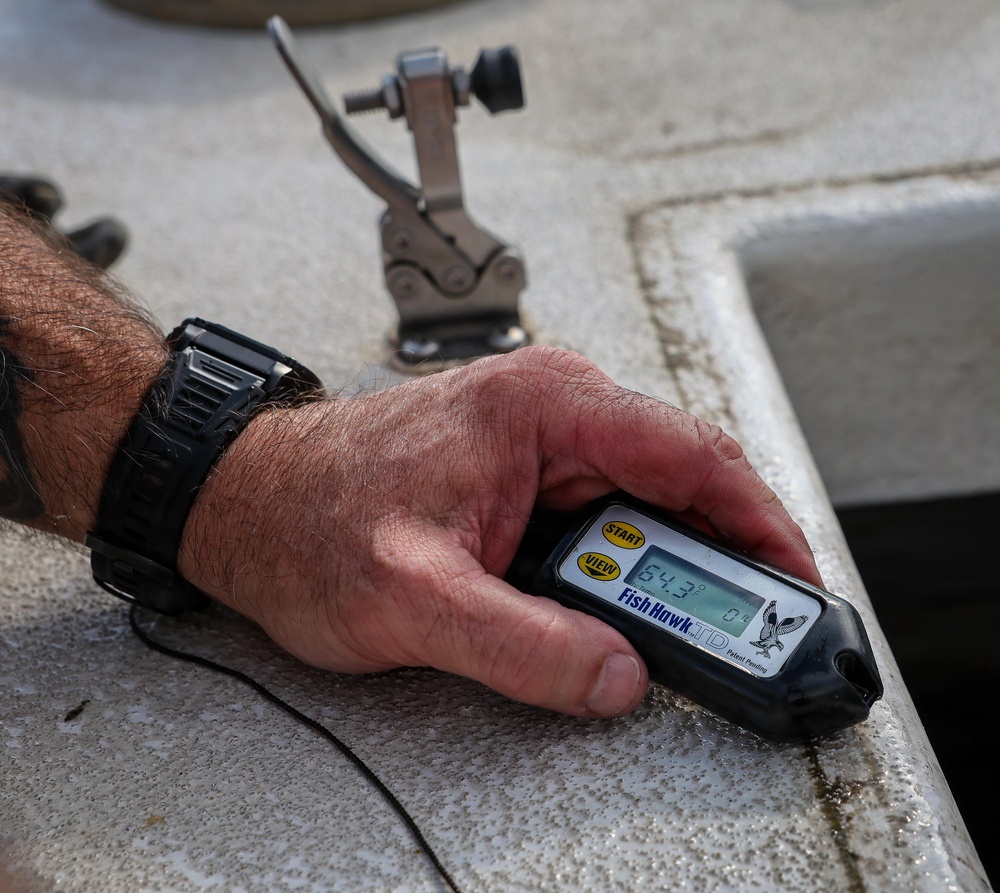 A person is holding a Fish Hawk TD water temperature and depth probe device, which displays a reading of 64.3 degrees on its LCD screen. The individual is wearing a black sport watch and appears to be on a boat, resting the device on the gunwale or deck edge. The device is a fishing tool used to measure water temperature at various depths.