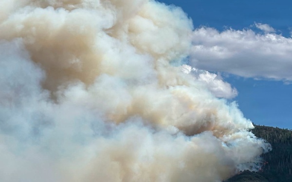 A wildfire burns across a forested mountainside, producing a massive plume of white and tan smoke that dominates the sky. A firefighter in standard wildland fire gear stands beside an open pickup truck door, observing the fire from a safe distance in an open field. Visible flames can be seen along the tree line on the hillside.