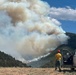 A wildfire burns across a forested mountainside, producing a massive plume of white and tan smoke that dominates the sky. A firefighter in standard wildland fire gear stands beside an open pickup truck door, observing the fire from a safe distance in an open field. Visible flames can be seen along the tree line on the hillside.