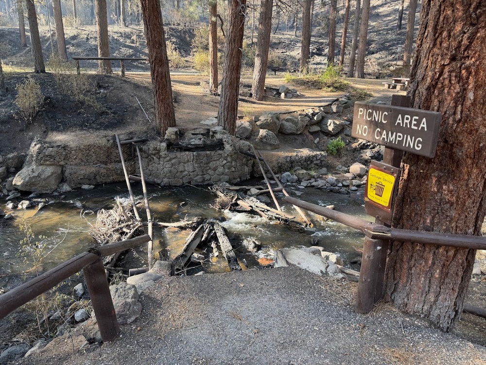 A picnic area in a forested campground shows significant wildfire damage. A wooden footbridge over a small creek has been destroyed, leaving only charred debris and burned structural remnants in the water. The surrounding trees and ground show evidence of recent fire passage, with blackened bark and scorched undergrowth.