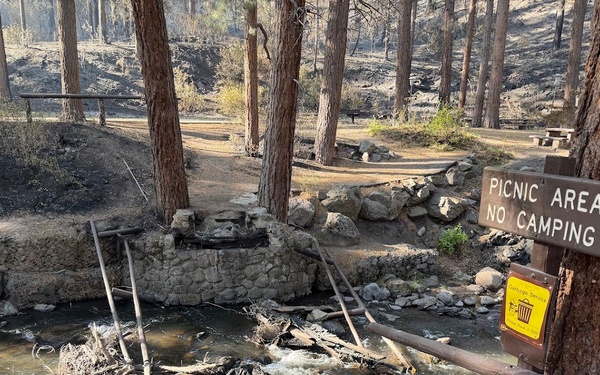 A picnic area in a forested campground shows significant wildfire damage. A wooden footbridge over a small creek has been destroyed, leaving only charred debris and burned structural remnants in the water. The surrounding trees and ground show evidence of recent fire passage, with blackened bark and scorched undergrowth.