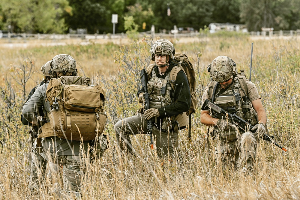Three heavily equipped tactical personnel are positioned in a field of tall dry grass, wearing full combat gear including helmets, plate carriers, and tactical backpacks. The central figure is standing and scanning the area while the right figure appears to be kneeling and operating a device. The setting appears to be a rural or semi-rural area with trees and a white fence visible in the background.