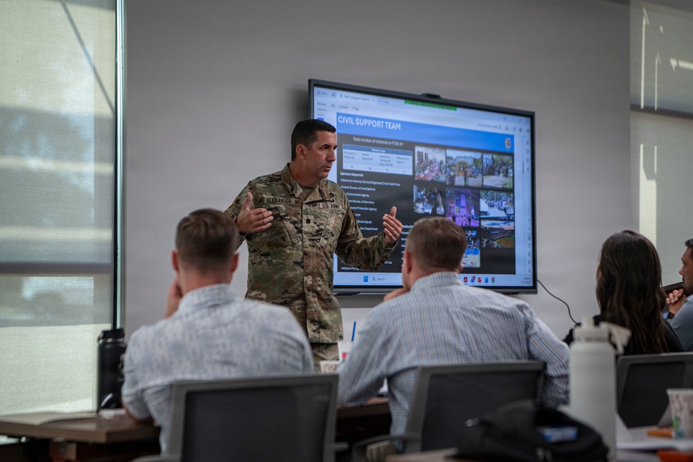 A U.S. Army soldier, identified by name tape as 'Alexander,' is presenting to a small group of civilians in a modern conference room. The presentation displayed on a large screen behind him is titled 'Civil Support Team' and appears to contain mission statistics and supporting imagery. The setting suggests a military briefing or outreach event to civilian stakeholders.