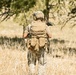 A military EOD (Explosive Ordnance Disposal) technician is walking away from the camera through a dry grassland area with sparse pine trees in the background. The individual is wearing full tactical gear including a helmet marked 'EOD', a tan/coyote plate carrier, camouflage pants, and is carrying a large tactical backpack. The setting appears to be a training or operational environment in an arid, open terrain.