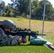 A soldier in full combat gear is in a prone firing position on a grass range, aiming a rifle equipped with optics and accessories. The setting appears to be a military marksmanship training or qualification range, with other personnel visible in the background near a blue canopy. The image captures a controlled shooting exercise in an outdoor environment.