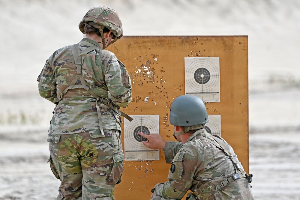 Two military personnel in camouflage uniforms are examining a shooting target board at a firing range. The wooden target board displays multiple paper bullseye targets with numerous bullet holes scattered across the board and targets. One soldier is standing while the other is crouching and pointing at the lower target, apparently assessing shot placement.