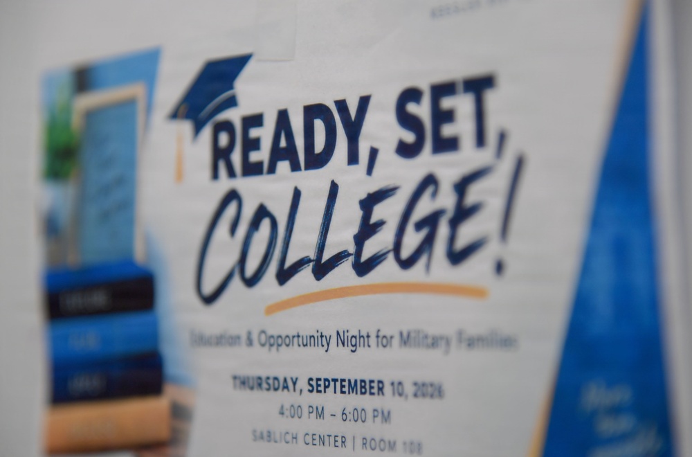 The image shows a promotional flyer titled 'Ready, Set, College!' advertising an Education &amp; Opportunity Night for Military Families. The event is scheduled for Thursday, September 10, 2026, from 4:00 PM to 6:00 PM at Sablich Center, Room 108. The flyer features a graduation cap graphic and uses a blue, white, and gold color scheme.