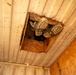 The image shows a person's legs and boots visible through a rectangular hatch or access opening cut into a ceiling. The boots have distinctive yellow dot markings on their soles and appear to be work or safety boots. The surrounding structure appears to be a metal-walled enclosure with OSB/plywood paneling on one side.