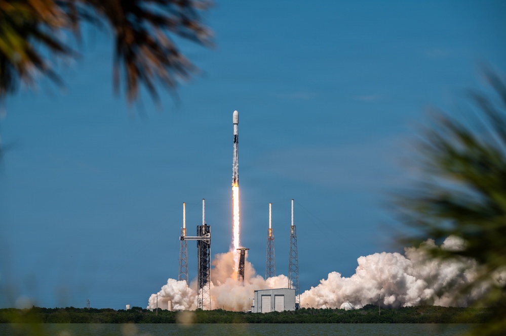 A rocket is captured mid-launch from a coastal launch pad, producing a bright plume of fire and large billowing clouds of exhaust smoke. The rocket, consistent in design with a SpaceX Falcon 9, is ascending vertically against a clear blue sky. The scene is framed by tropical palm fronds in the foreground, suggesting a Florida launch site such as Cape Canaveral.
