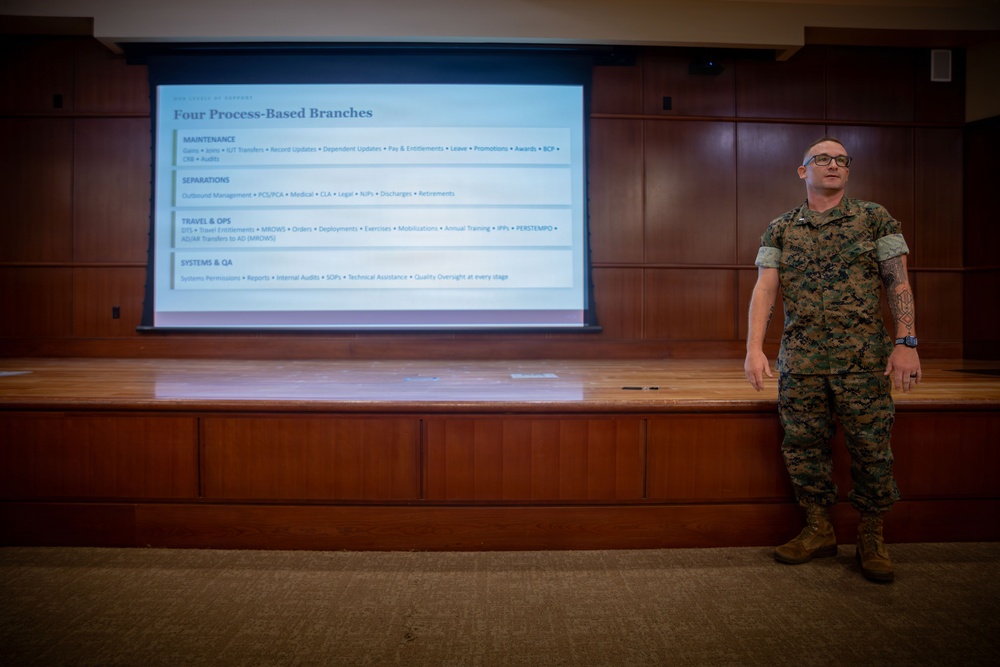 A military service member in MARPAT (Marine Corps digital camouflage) uniform stands in front of a projected presentation slide titled 'Four Process-Based Branches' in what appears to be a briefing room or auditorium. The slide outlines four organizational branches: Maintenance, Separations, Travel &amp; Ops, and Systems &amp; QA. The setting suggests a formal military administrative briefing or training session.
