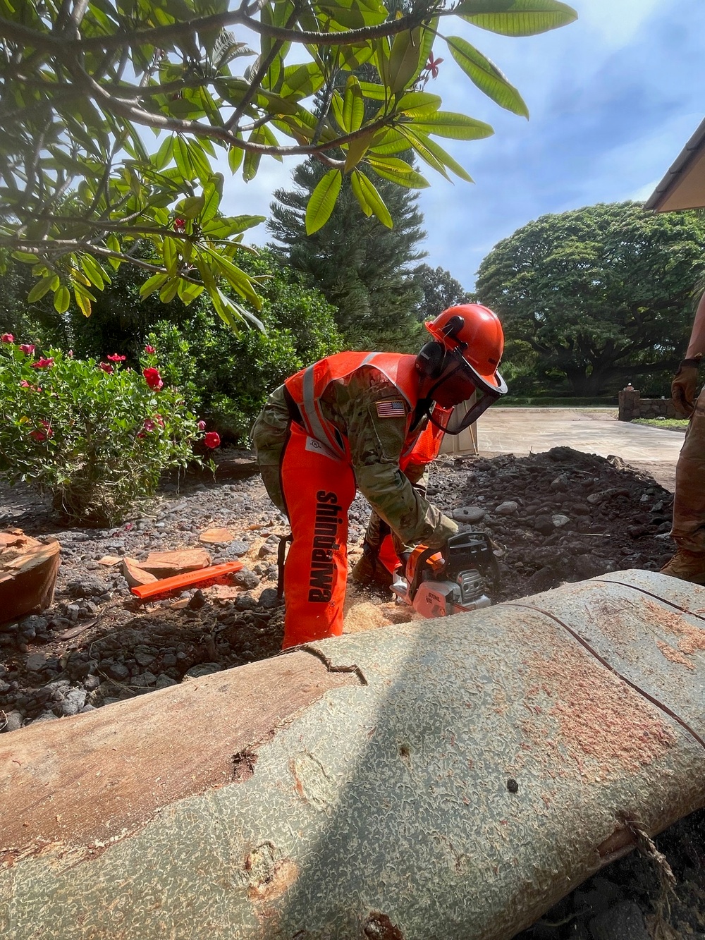 A worker in full personal protective equipment is using a chainsaw to cut through a large fallen tree trunk. The individual is wearing military camouflage clothing beneath bright orange high-visibility safety gear, including a Shindaiwa-branded chainsaw chaps, hard hat, and face shield. The setting appears to be a residential or landscaped area with visible debris, disturbed soil, and lush vegetation in the background.