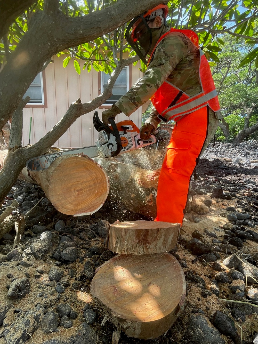 A worker in full personal protective equipment is actively cutting a large fallen tree trunk with a STIHL chainsaw. The worker is wearing camouflage clothing, bright orange high-visibility coveralls, a hard hat with face shield, and a face covering. Several freshly cut log sections are visible on the rocky ground, with a structure visible in the background.