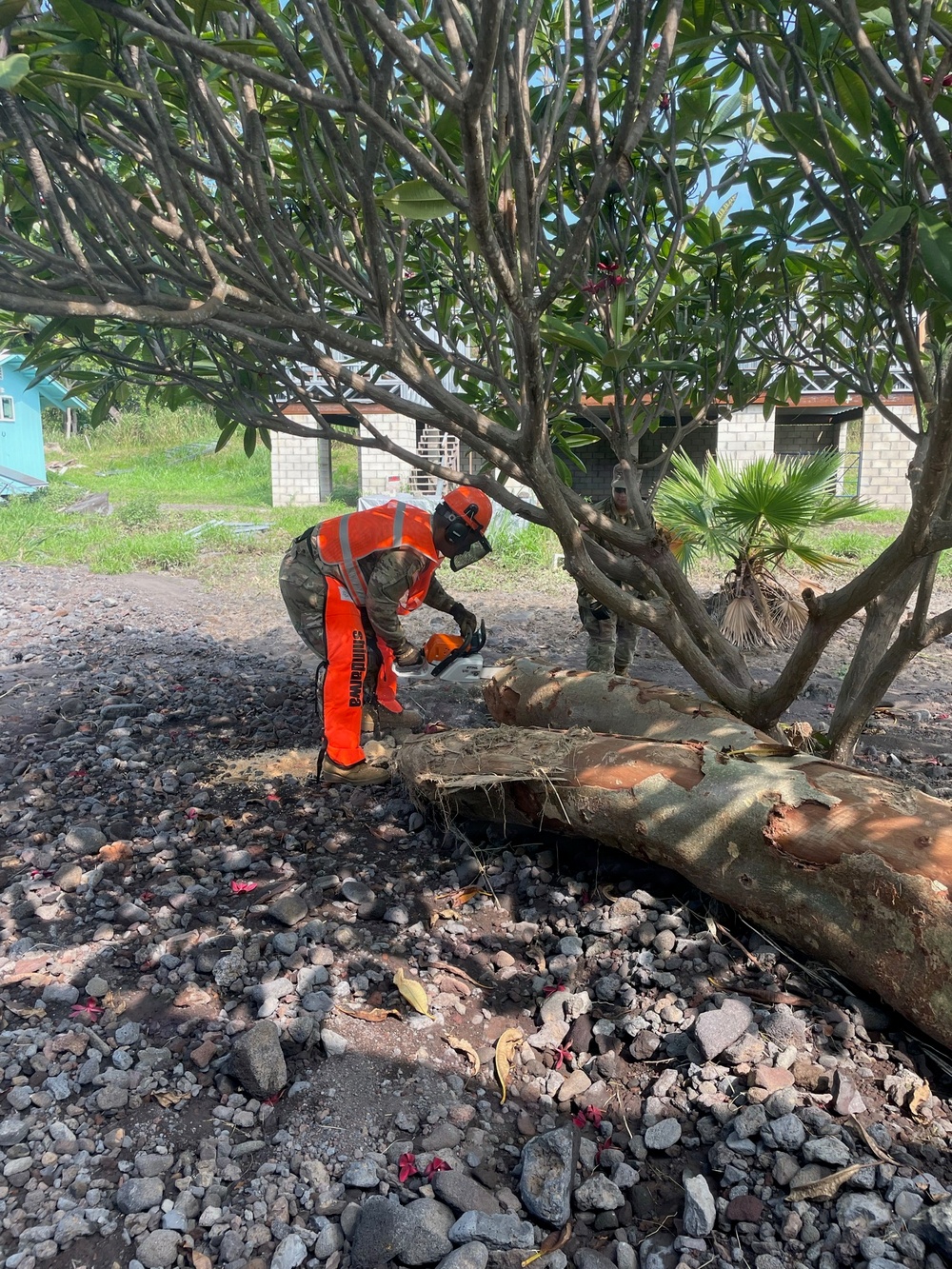 A worker in full personal protective equipment is using a chainsaw to cut through a large fallen log on rocky ground. The scene appears to be a debris clearance or tree removal operation, likely following a storm or disaster event, given the disturbed ground and scattered rocks. A second person in military-style camouflage uniform is visible in the background near a cinder block structure.