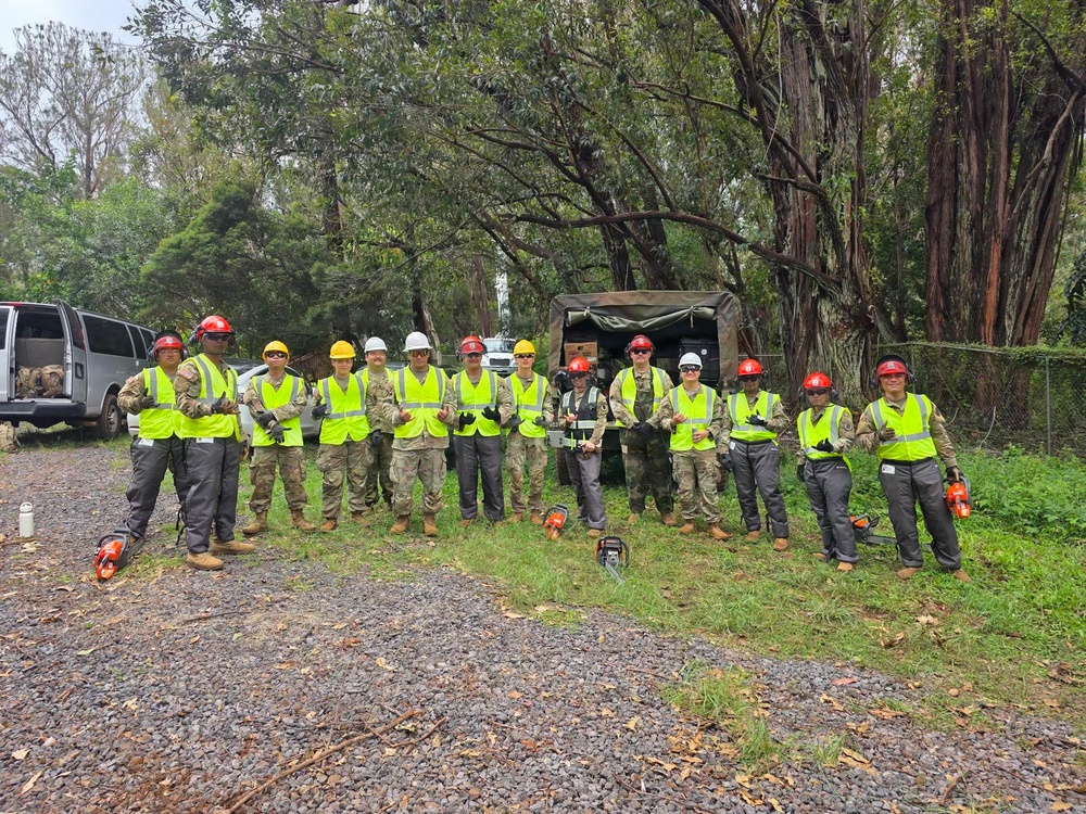 A group of approximately 13 military personnel and civilian workers pose for a group photo in a wooded outdoor area. They are equipped with safety gear including hard hats in red, yellow, and white, high-visibility vests, and gloves, along with chainsaws visible on the ground. The setting appears to be a disaster relief or debris clearing operation, with a military canvas-covered truck visible in the background.