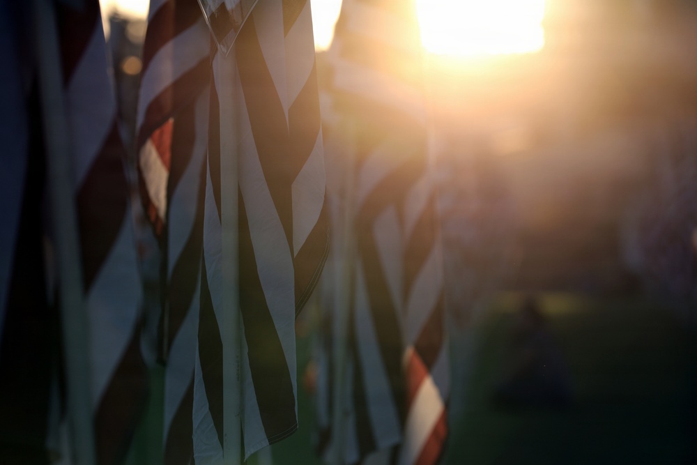 A row of American flags is photographed at sunset or sunrise, with warm golden light bursting through the fabric. The flags hang vertically and appear still or lightly moving, creating a dramatic backlit silhouette effect. The shallow depth of field causes the background flags and surroundings to blur into a soft bokeh.