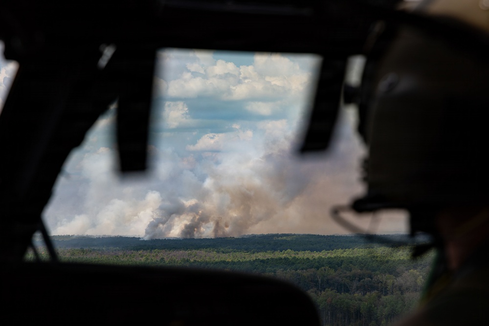 The image is taken from inside an aircraft cockpit, showing a person wearing a flight helmet observing a large smoke plume rising from a forested area in the distance. The smoke column is substantial and billowing upward, consistent with a wildfire or controlled burn. The perspective through the aircraft window frames the scene dramatically against a partly cloudy sky.