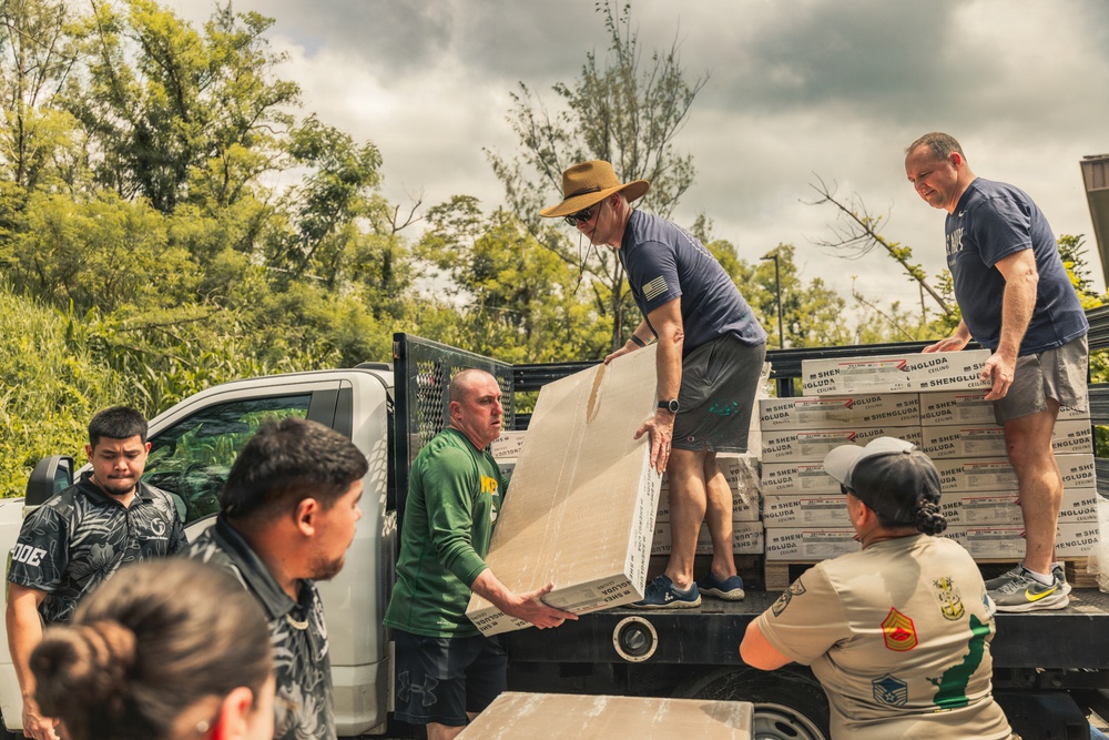 A group of people are unloading building materials from the flatbed of a white pickup truck in an outdoor setting with lush green vegetation in the background. The individuals appear to be engaged in a community service or disaster relief effort, handling large flat panels and stacked boxes labeled 'SHENGLUDA CEILING'. At least one person visible on the right is wearing what appears to be a military or uniformed shirt with insignia patches.