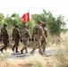 A group of five military personnel are walking along a paved road in an arid, scrubland environment. The group includes soldiers in two distinct camouflage patterns — US Army MultiCam (OCP) and a green tiger-stripe or foreign pattern — suggesting a joint or multinational military exercise. A red guidon flag with yellow insignia, bearing what appears to be the number '8' and a unit emblem, is being carried by one of the soldiers.