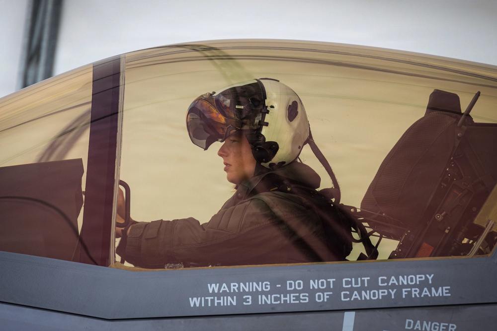 A military pilot is seated inside the cockpit of a fighter jet, visible through the tinted canopy. The pilot is wearing a flight helmet with a raised visor and appears to be in a pre-flight or ground operations phase. A warning label on the canopy frame reads 'WARNING - DO NOT CUT CANOPY WITHIN 3 INCHES OF CANOPY FRAME.'