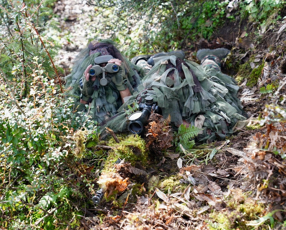 Two individuals in ghillie suits are lying prone in a wooded, vegetated area in a concealed sniper/observer position. One person is using binoculars for observation while the other appears to be positioned behind a scoped rifle. The setting and equipment suggest a military training exercise or tactical field operation.