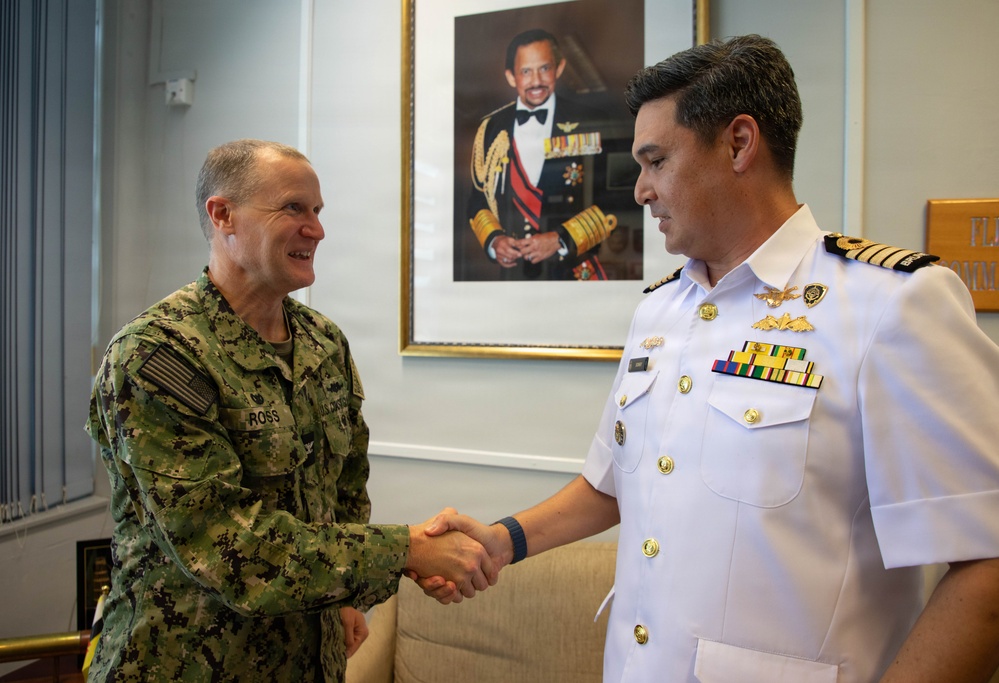Two military officers are shaking hands in what appears to be an official meeting room. One officer wears U.S. Navy digital camouflage (NWU) with the name tape 'ROSS,' while the other wears a white naval dress uniform with multiple ribbons and insignia. A formal portrait of a dignitary in military dress hangs on the wall behind them.