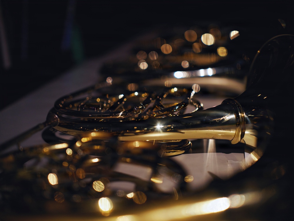 The image shows multiple French horns arranged together, photographed in a dark, moody setting with dramatic lighting. The brass instruments display their characteristic coiled tubing and valves, with golden reflections and bokeh light effects creating an artistic composition. The shallow depth of field keeps the foreground instrument in partial focus while the background instruments blur into soft circles of light.