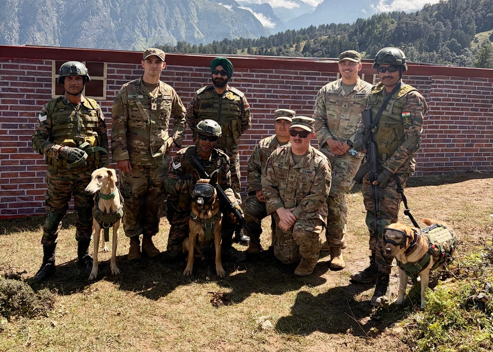 A group of military personnel from what appear to be two different armed forces pose together for a photograph in a mountainous, forested setting. The group includes approximately eight soldiers accompanied by three military working dogs in tactical gear. The setting appears to be a joint military exercise or training event, evidenced by the mixed uniforms and cooperative posture.