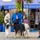 1ID Band Energizes Bolesławiec Three men are gathered in a cobblestone plaza or town square, with two large black-and-white dogs on leashes. The scene takes place in front of a restaurant or café with blue umbrellas bearing the Polish text 'Pod Złotym Aniołem' (Under the Golden Angel). The setting is decorated with abundant pink flowers in blue planters, suggesting a European old town environment.