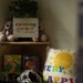 The image shows a children's 'Calming Corner' setup, likely in a classroom or therapeutic space. It features a corner shelf unit with stuffed animals, books, and decorative pillows designed to create a safe, soothing environment for children. The space includes mindfulness-themed books and cheerful decor intended to help children regulate their emotions.
