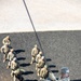 A military soldier in full combat uniform and helmet is rappelling down a rope from an elevated position, viewed from above. A group of approximately 10-12 soldiers in camouflage uniforms and helmets are gathered on the ground below, observing the descent. This appears to be a military rappelling or airborne training exercise.