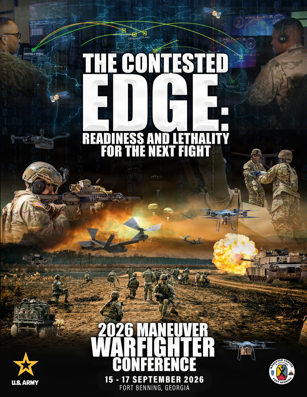 This is an official promotional poster for the 2026 Maneuver Warfighter Conference hosted by the U.S. Army at Fort Benning, Georgia, scheduled for September 15-17, 2026. The theme is 'The Contested Edge: Readiness and Lethality for the Next Fight.' The poster features a composite of military imagery including soldiers, armored vehicles, drones, parachutists, and command center operations.