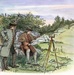 A hand-colored historical illustration depicting two men in 18th-century colonial-era clothing engaged in land surveying outdoors. One man is seated on a rock examining a large map or survey document, while the other stands nearby observing. A wooden surveying tripod instrument is positioned to the right, suggesting active fieldwork in a rural landscape.