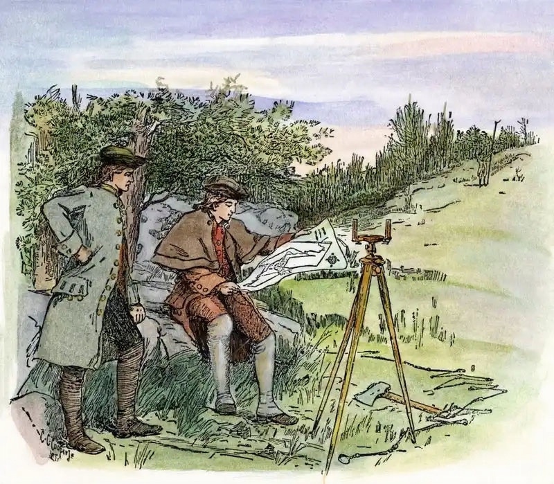 A hand-colored historical illustration depicting two men in 18th-century colonial-era clothing engaged in land surveying outdoors. One man is seated on a rock examining a large map or survey document, while the other stands nearby observing. A wooden surveying tripod instrument is positioned to the right, suggesting active fieldwork in a rural landscape.