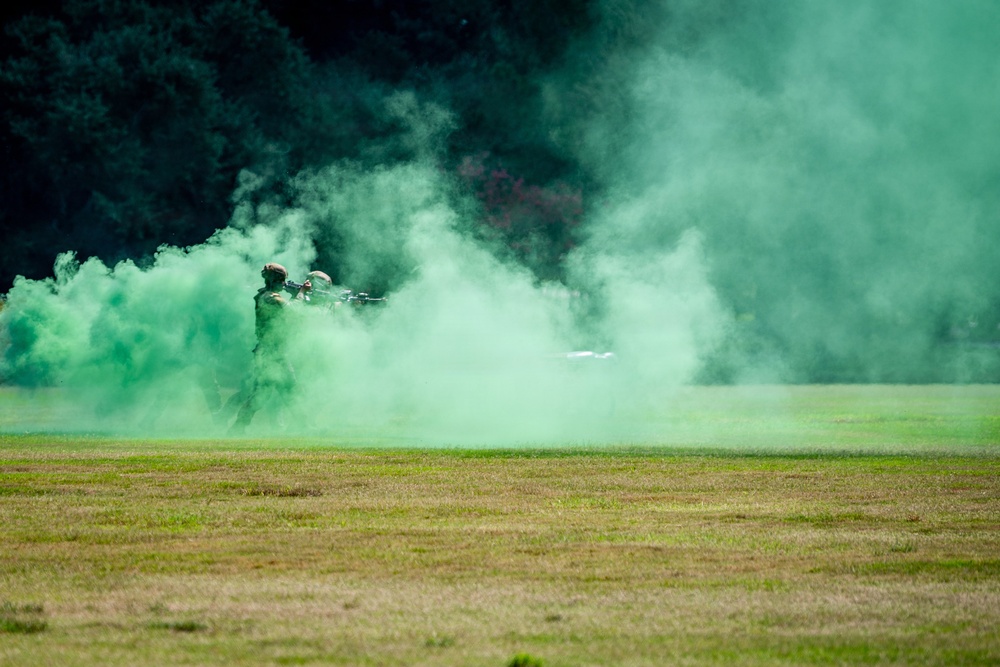 The image shows what appears to be a military or tactical training exercise taking place on an open grass field. Two figures in military-style gear are partially obscured by a large cloud of bright green smoke, likely from a smoke grenade used for concealment or signaling. The scene is set against a backdrop of dark trees.