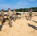 A group of military personnel in camouflage uniforms are gathered at an outdoor shooting range during a training session. One individual appears to be an instructor gesturing and briefing the group near a tripod-mounted spotting scope and a wooden table with equipment. The setting is a sandy open range area with tree lines visible in the background.