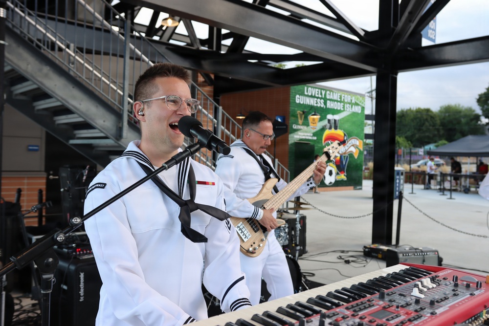 MU2 Caleb Dinger, member of Navy Band Northeast's Rhode Island Sound performs for the Rhode Island FC pre-game show  on military appreciation night at Centerville Bank Stadium in Pawtucket, RI