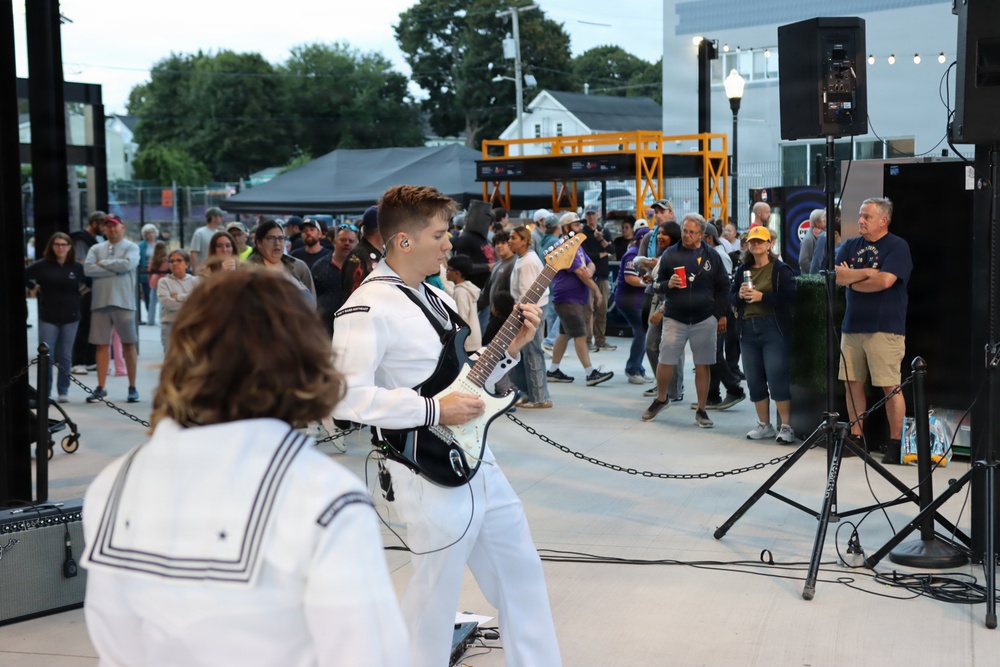 MU2 Christian Olver, member of Navy Band Northeast's Rhode Island Sound, performs for the Rhode Island FC pre-game show  on military appreciation night at Centerville Bank Stadium in Pawtucket, RI