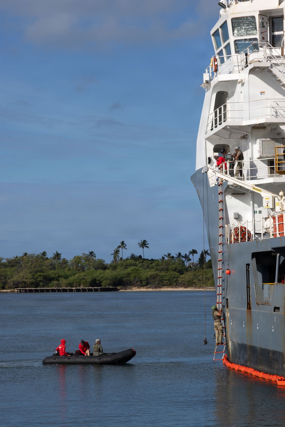 A military or law enforcement boarding operation is underway, with personnel climbing a rope/Jacob's ladder up the side of a large white vessel. A rigid inflatable boat (RIB) with several occupants in red and tactical gear is positioned alongside the ship. The scene appears to take place in a tropical coastal waterway with palm trees visible in the background.