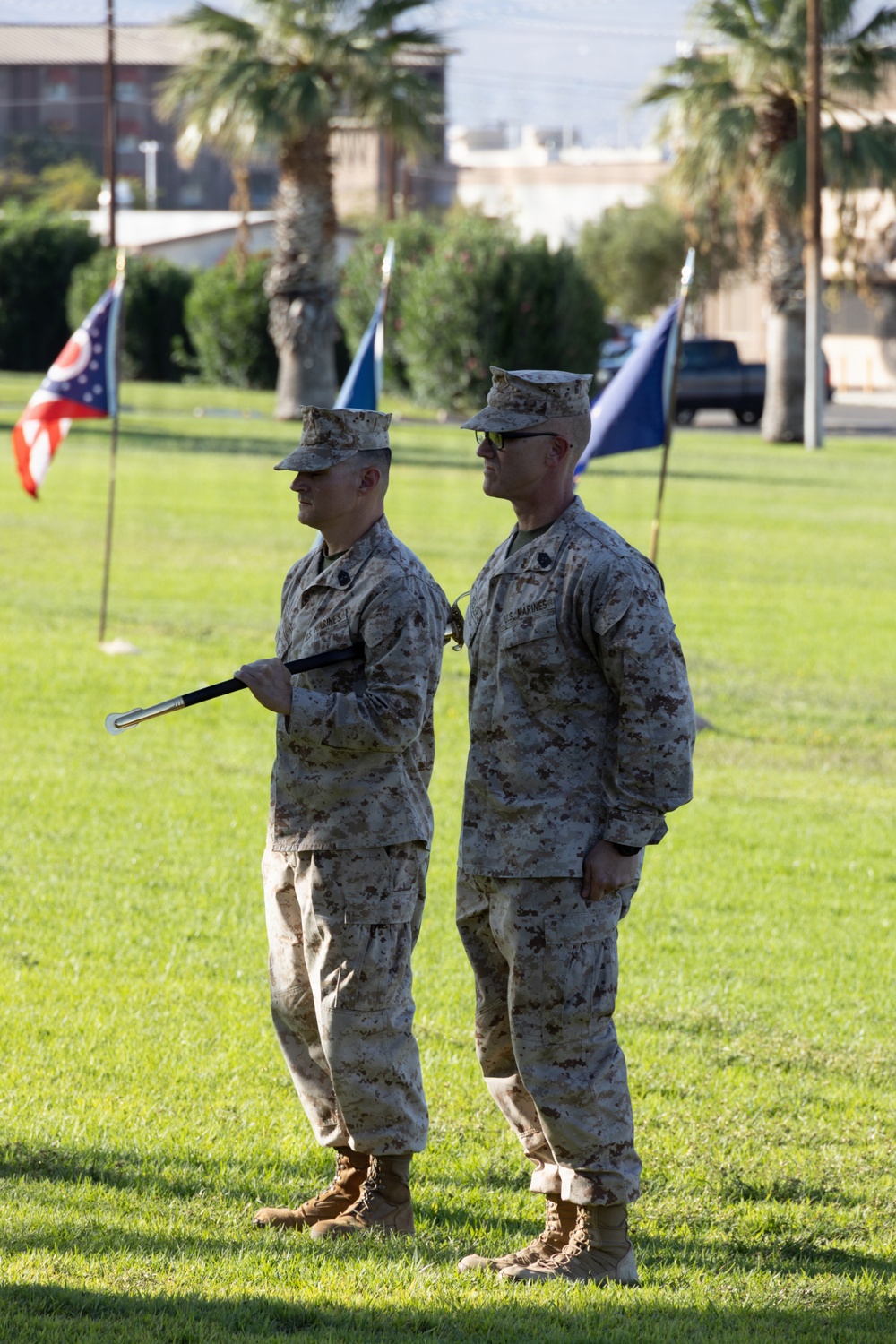 Two U.S. Marines in MARPAT desert camouflage uniforms stand at attention on a grass parade field during what appears to be a formal military ceremony. One Marine is holding a ceremonial baton or swagger stick. Flags and palm trees are visible in the background, suggesting a base in a warm, arid climate.